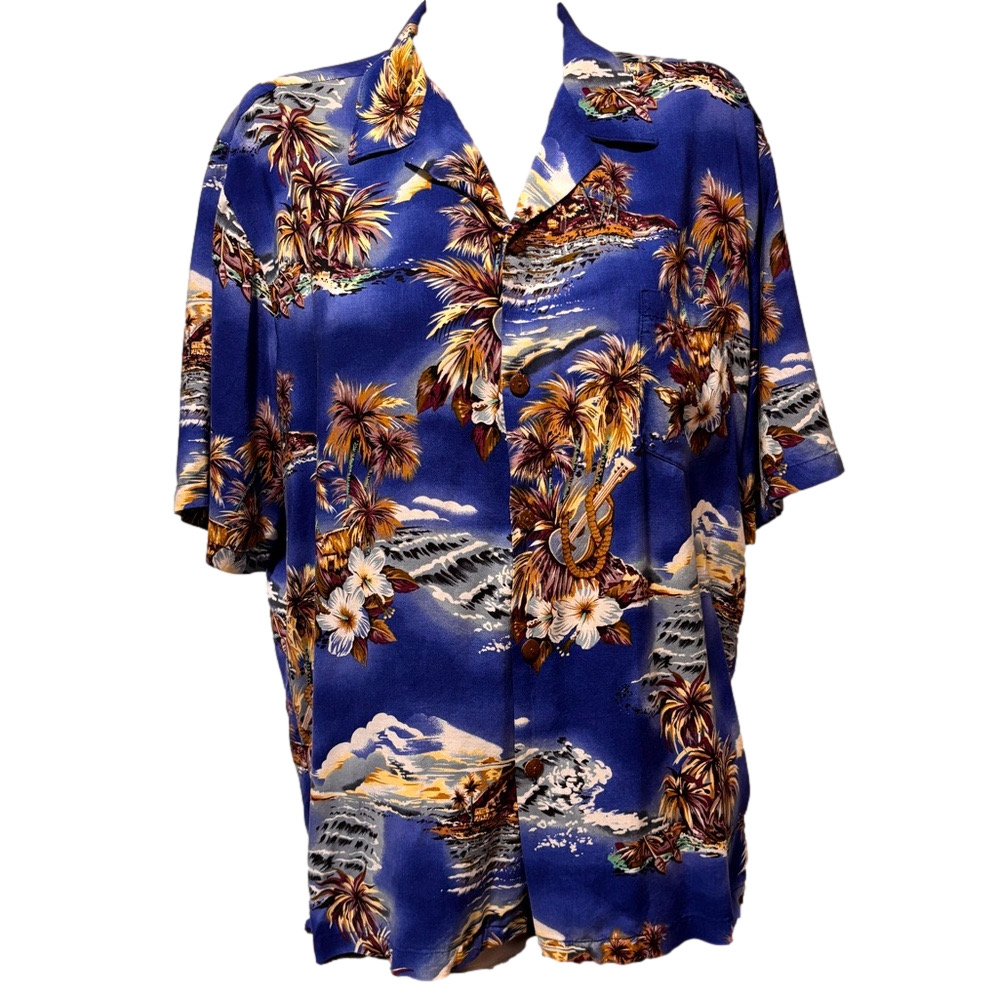 Men's Hawaiian Shirt - Palm Trees and Ukulele Print Size Large.